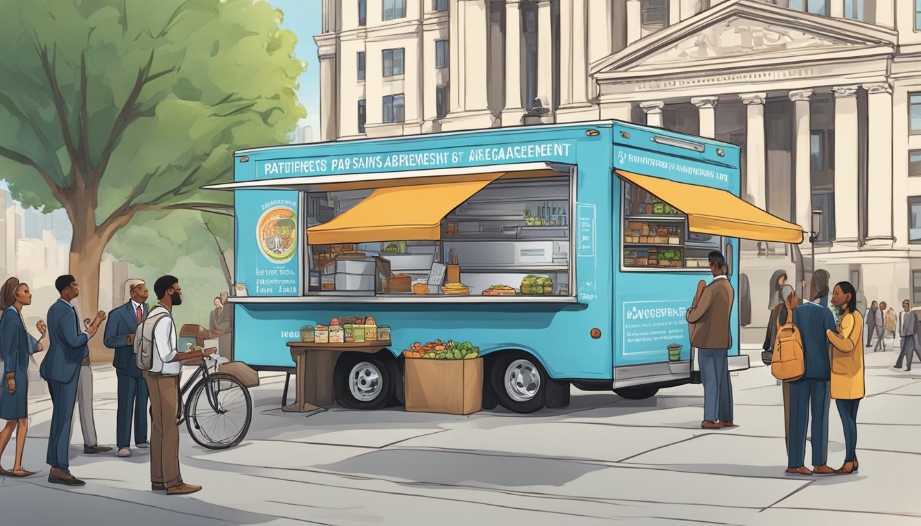 A food truck parked next to city hall, displaying a sign with "Partnerships and Agreements" logo. A group of people in business attire are talking to the food truck owner