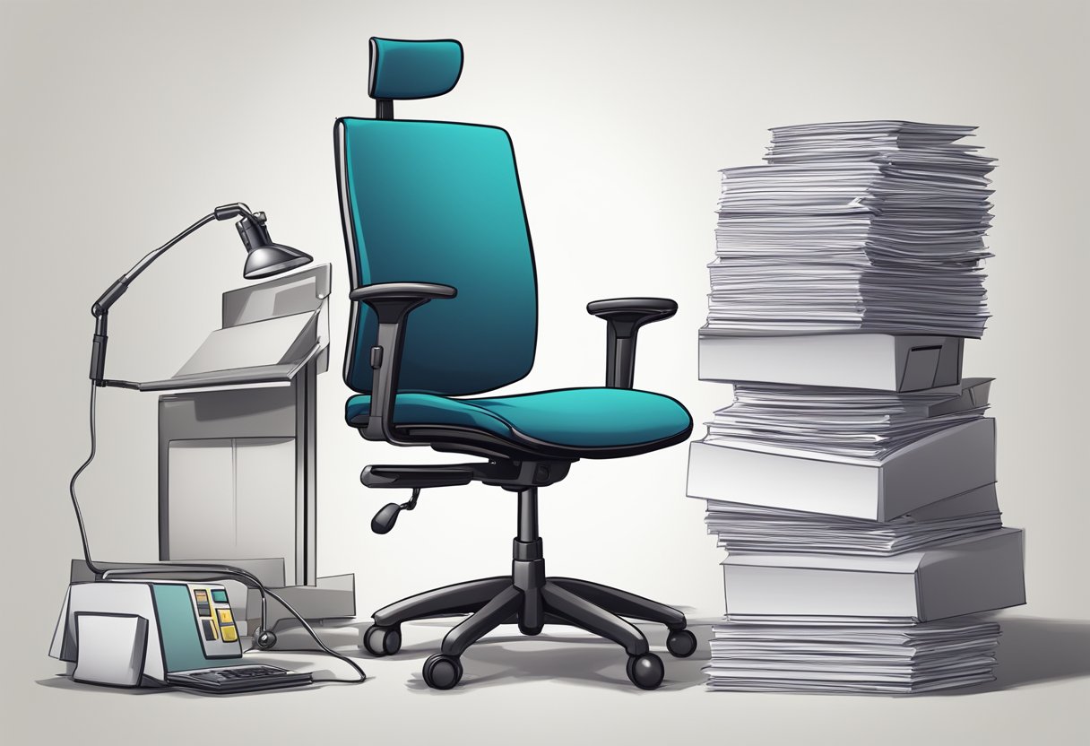 An office chair with hand brakes, surrounded by a stack of FAQ papers and a computer monitor