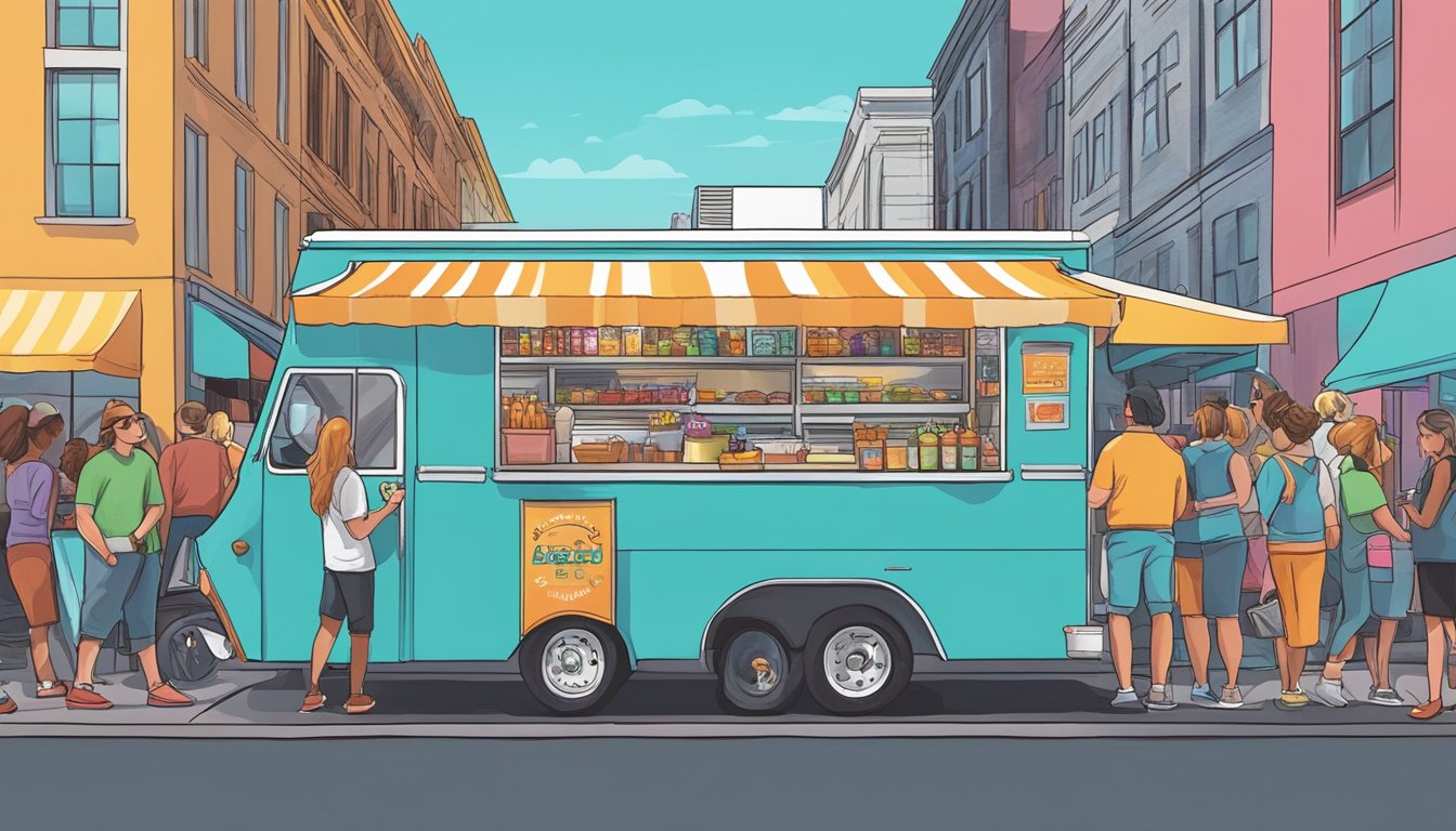 A food truck parked on a busy Nashville street, surrounded by people and colorful signage, with a line of customers waiting to order