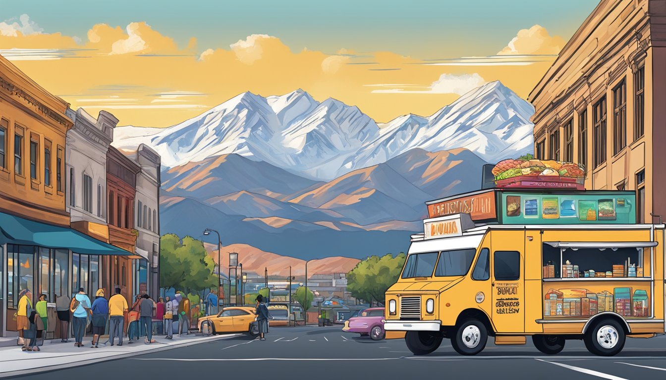 A vibrant food truck surrounded by bustling city streets, with a backdrop of the Salt Lake City skyline and a clear view of the Utah mountains