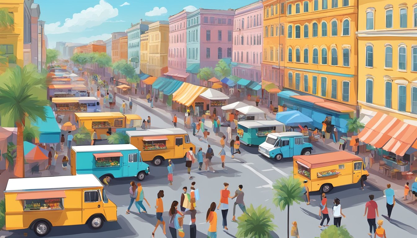 A bustling street lined with colorful food trucks, each displaying required permits and following St. Petersburg's strict food truck regulations