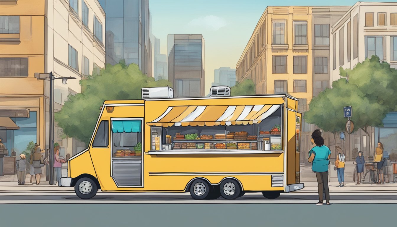 A food truck parked on a city street, surrounded by signs displaying San Bernardino food truck laws. A city official speaks with the truck owner