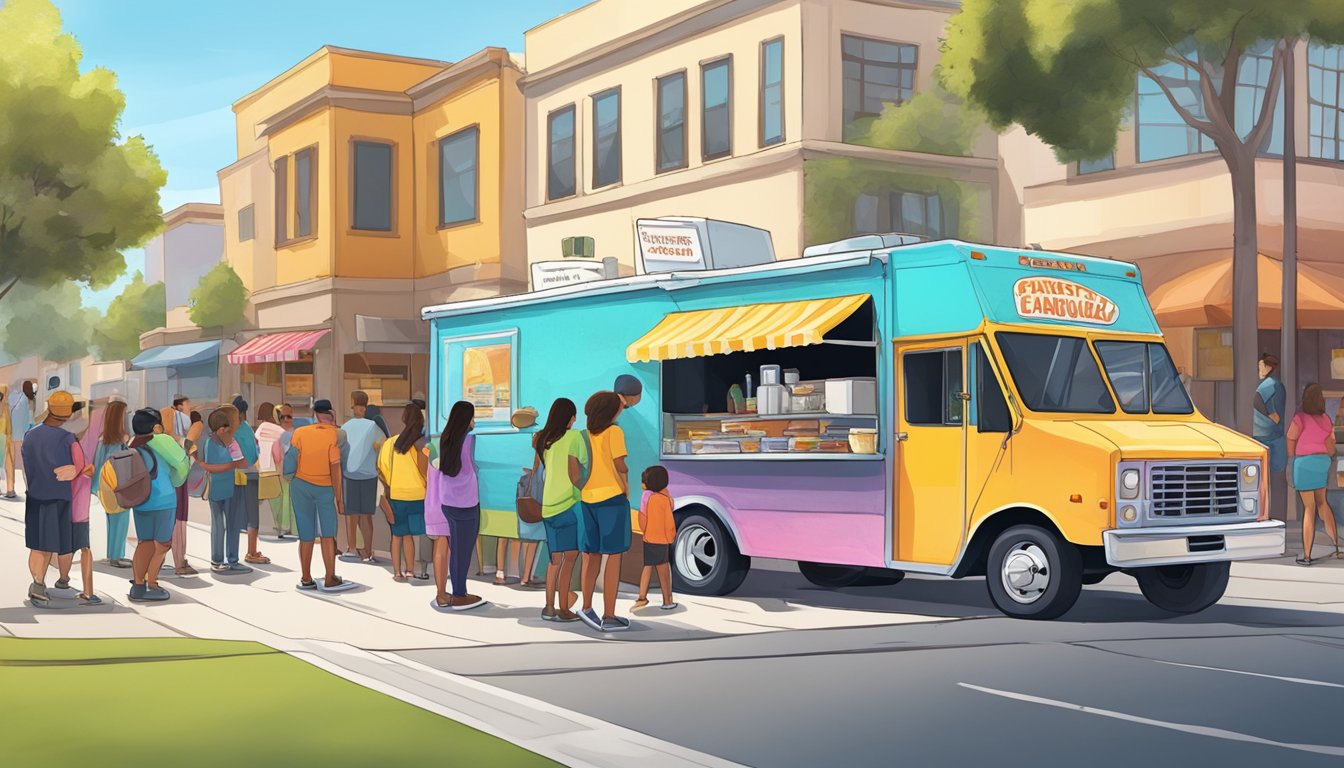 A colorful food truck parked on a bustling street in San Bernardino, California, with customers lined up to order