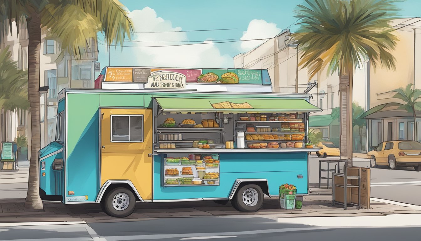 A food truck parked in a designated zone in St. Petersburg, Florida, with various land development and zoning signs displayed nearby