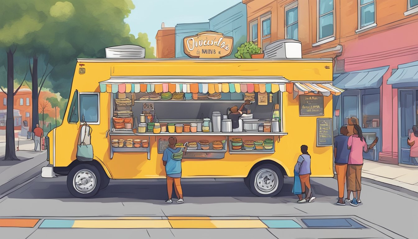 A food truck parked on a bustling street in Huntsville, Alabama, with a line of customers waiting to order. The truck is adorned with colorful signage and a menu board, and the aroma of delicious food fills the air