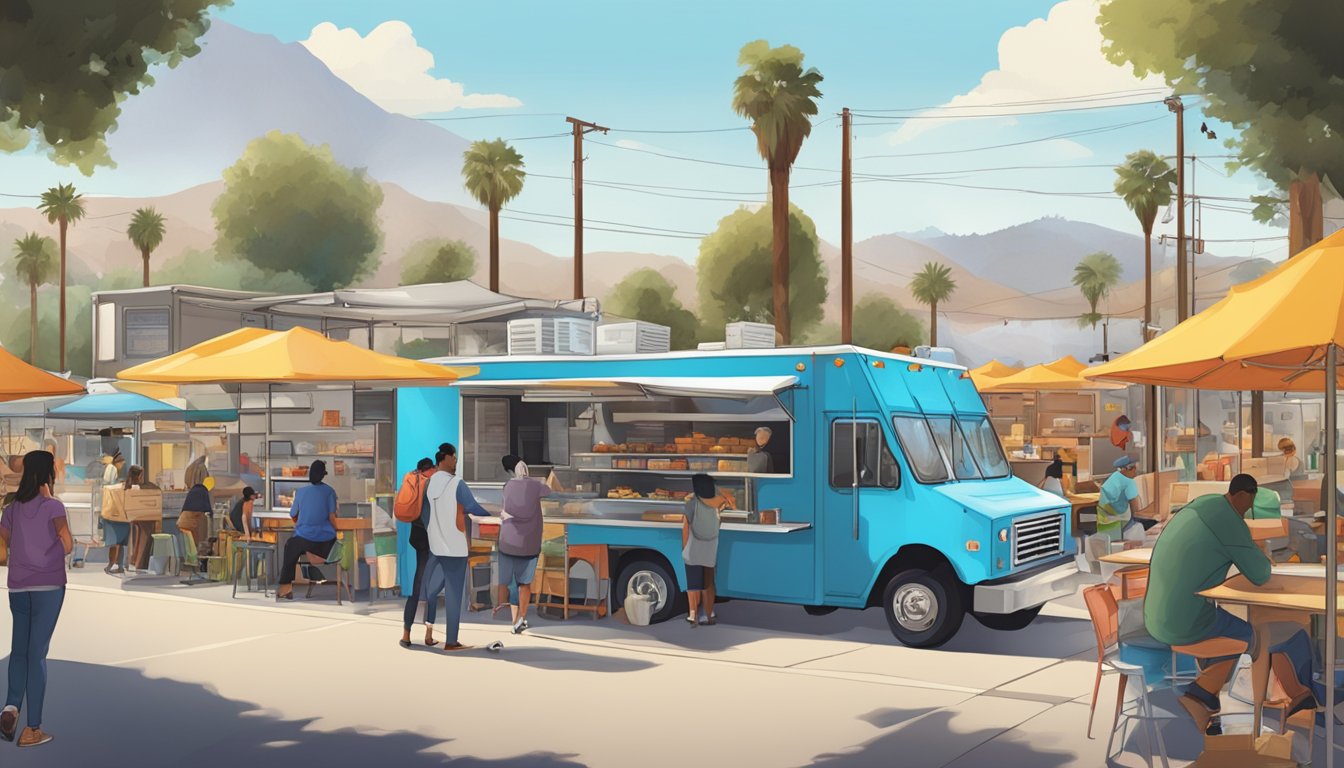 A bustling food truck park in San Bernardino, California, with vendors adhering to health and safety regulations