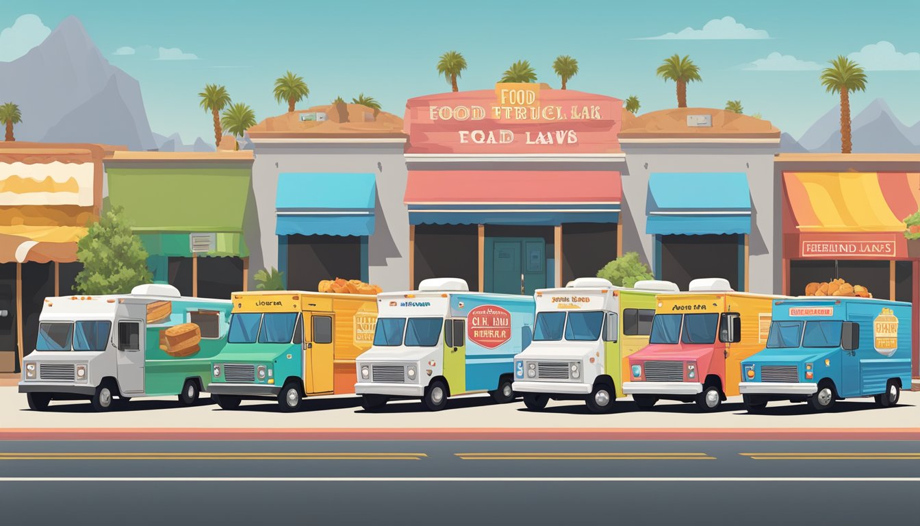 A row of colorful food trucks parked in a designated area, with a sign displaying "Food Truck Laws San Bernardino, California" in the background