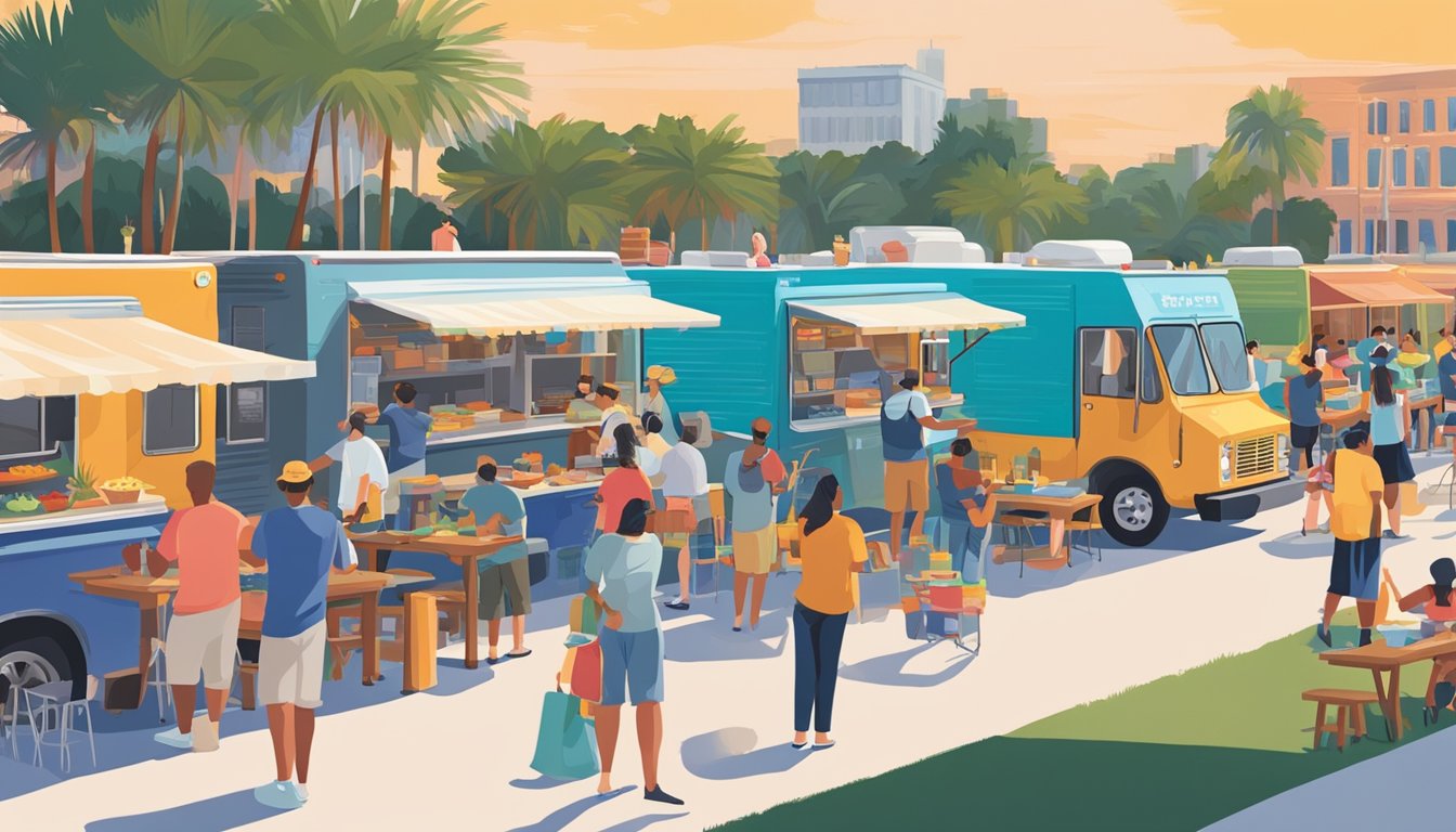 A bustling food truck park in St. Petersburg, Florida, with colorful trucks lined up and customers enjoying their meals at picnic tables