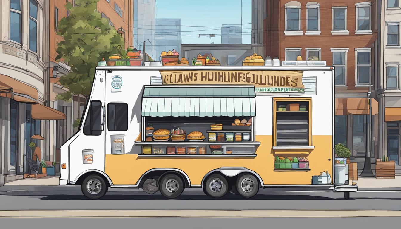 A food truck parked on a city street, surrounded by signage displaying operational guidelines and food truck laws specific to Huntsville, Alabama