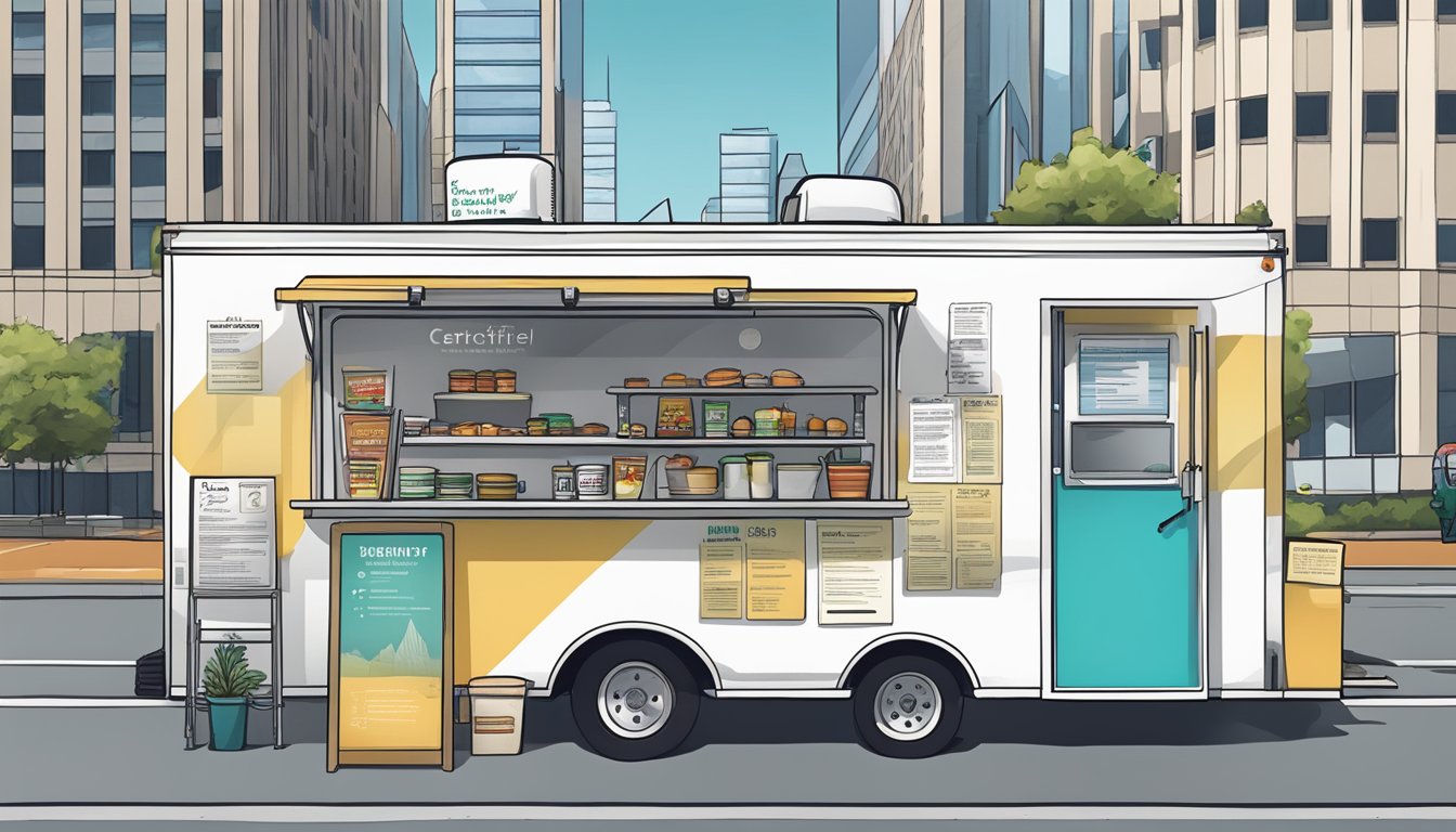 A food truck parked outside a government building, displaying various certifications and training materials on a bulletin board. A city skyline in the background