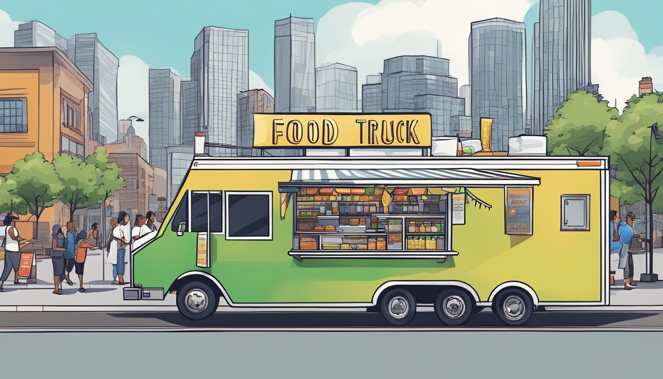 A food truck parked on a bustling street, with a city skyline in the background. A line of customers waits to order, while a sign displays the local food truck laws