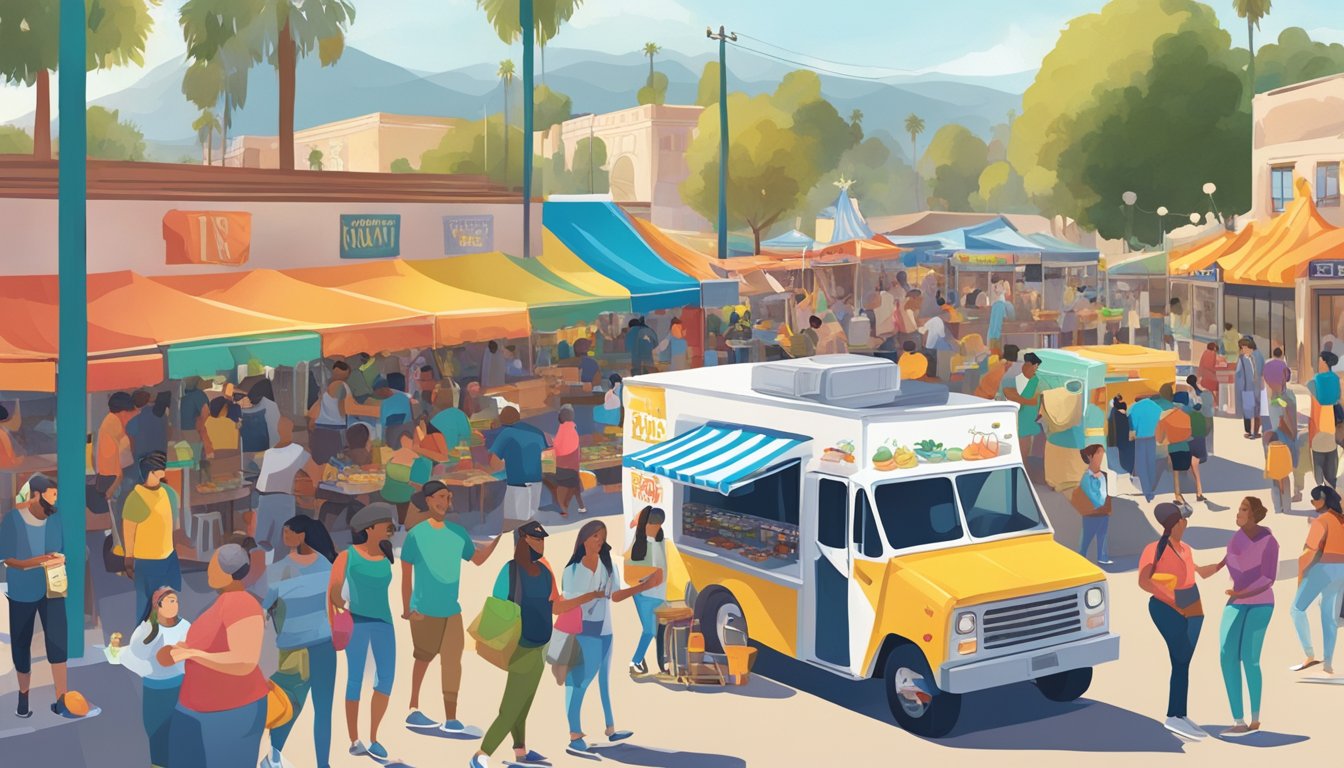 A bustling street fair in San Bernardino, California, with colorful food trucks lining the sidewalks and people enjoying community events