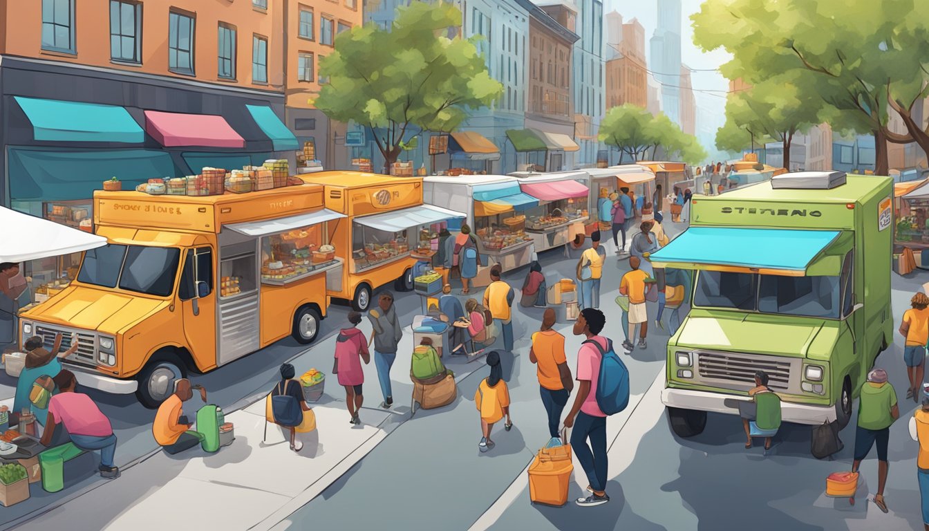 A bustling street with food trucks lined up, surrounded by city buildings and people enjoying their meals