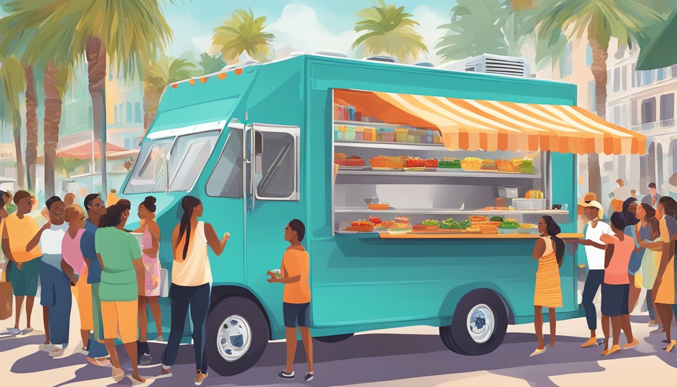 A colorful food truck surrounded by a diverse crowd at a special event in St. Petersburg, Florida, with vendors serving up a variety of delicious dishes