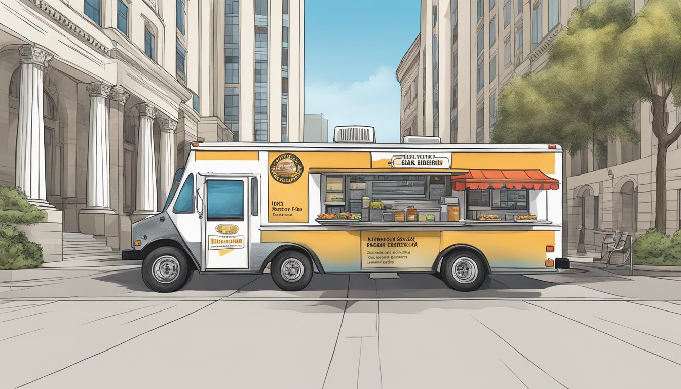 A food truck parked in front of city hall, with a sign displaying "Managing Risks and Penalties food truck laws san bernardino california"