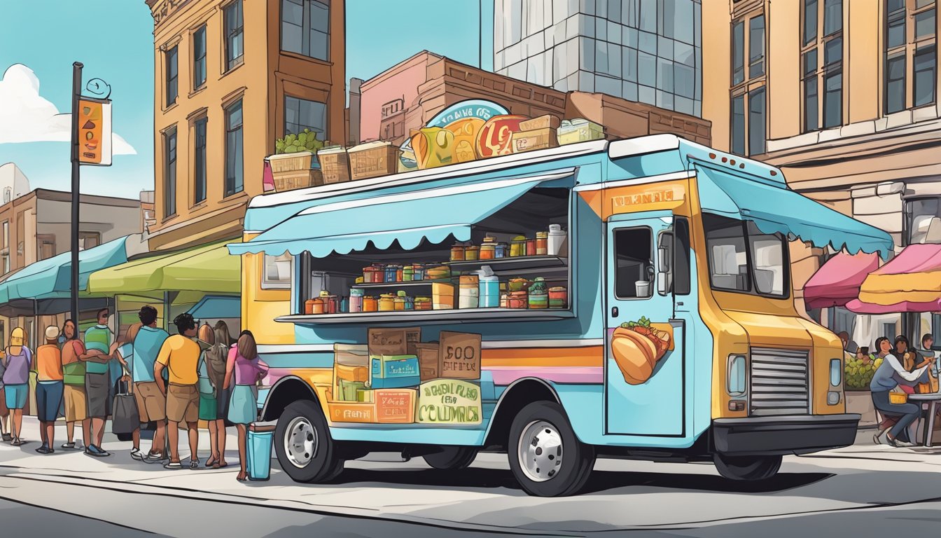 A colorful food truck parked in a bustling downtown area, surrounded by eager customers and adorned with signage displaying Fort Wayne food truck laws