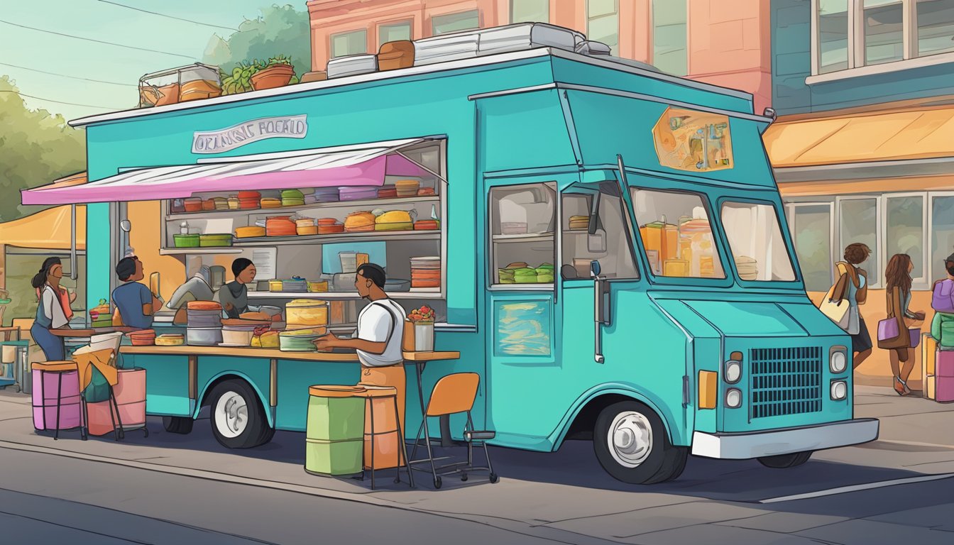 A food truck parked on a bustling street in Modesto, California, with a line of customers waiting to order. The truck is adorned with colorful signage and a menu displaying various dishes