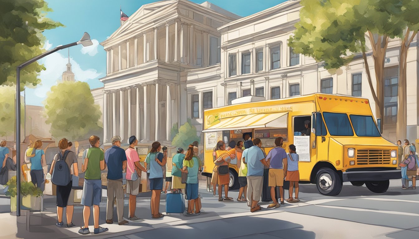 A food truck parked in front of a city hall, with a line of people waiting to obtain necessary permits. The sun is shining and a city official is assisting the food truck owner