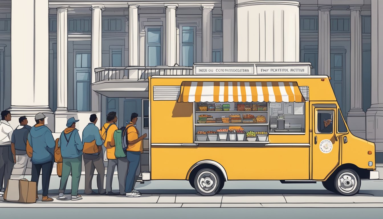 A food truck parked outside a government building, with a line of vendors waiting to submit paperwork. A city official reviews documents at a nearby table