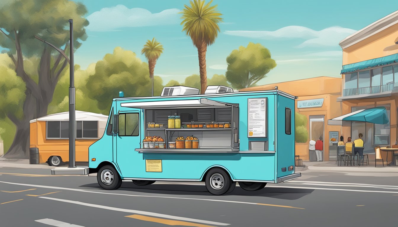 A food truck parked in Modesto, California, displaying clear signs of compliance with food safety standards and local laws