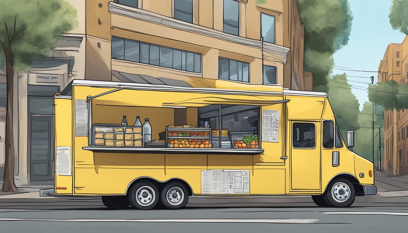 A food truck parked on a city street, with a sign displaying "Financial Management and Taxation" laws for food vendors in Modesto, California