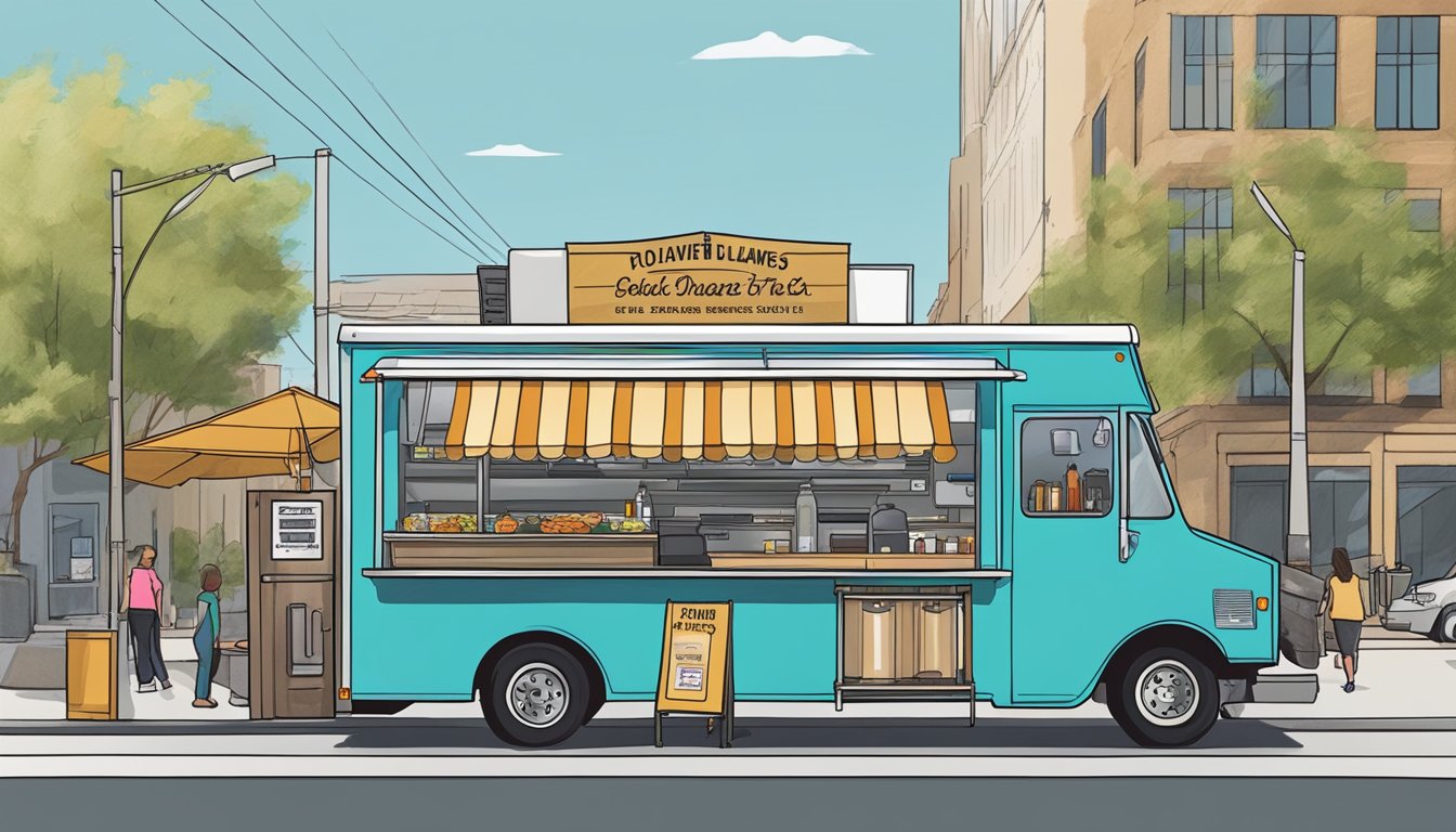 A food truck parked in downtown Boise, Idaho, with a line of customers waiting to order. The truck displays all required permits and follows local food truck laws