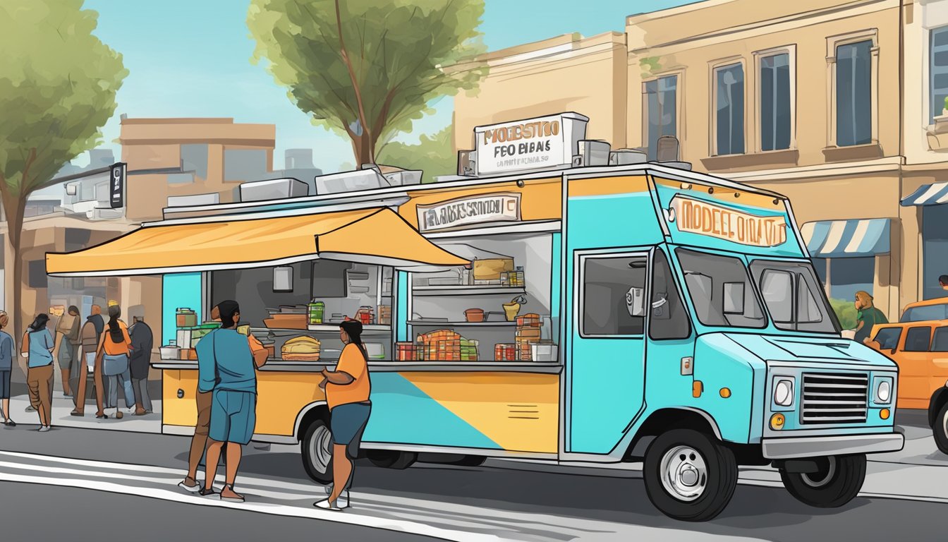 A food truck parked on a city street, surrounded by customers. A sign displays "Modesto, California Food Truck Laws" while the owner serves food