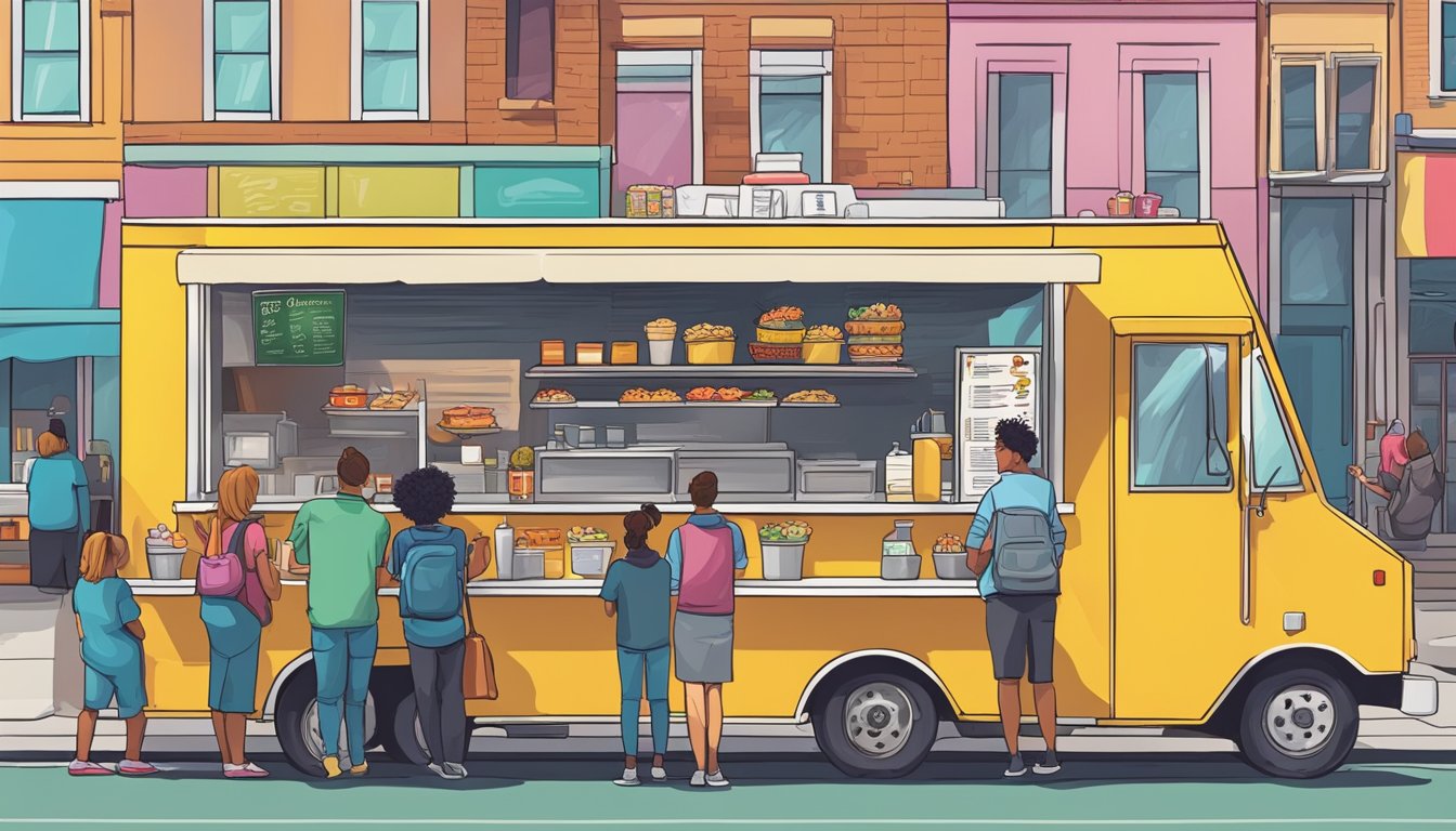 A food truck parked on a bustling street in Boise, Idaho, with a line of customers waiting to order. The truck is adorned with colorful signage and a menu board