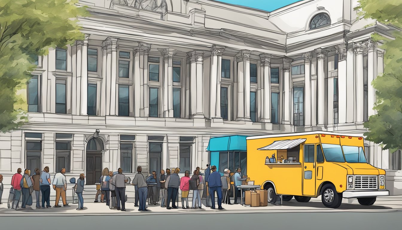 A food truck parked outside city hall, surrounded by officials conducting inspections and ensuring compliance with Fort Wayne, Indiana food truck laws