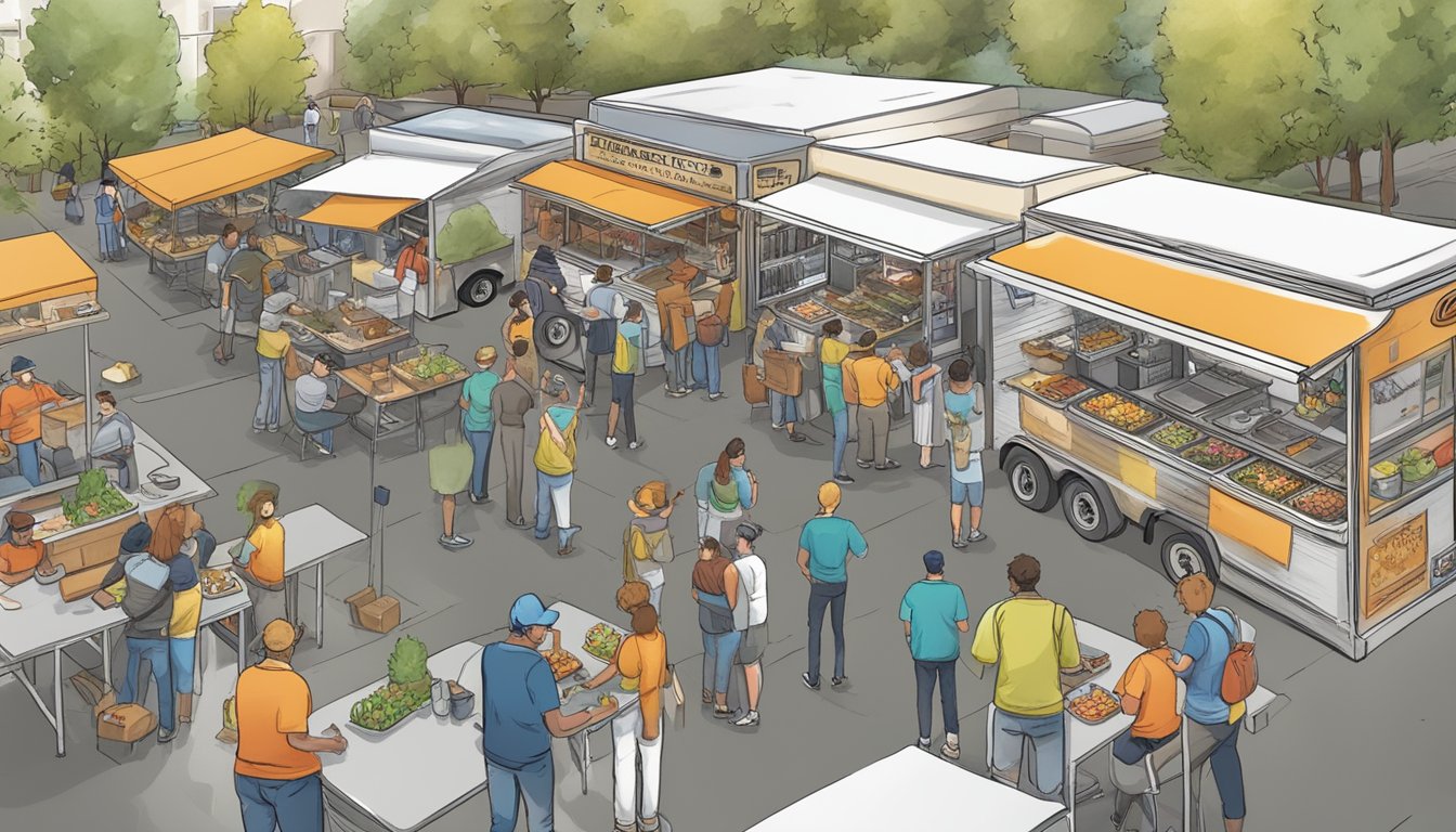 A bustling food truck park in Boise, Idaho, with vendors displaying their certification and training credentials in compliance with local food laws