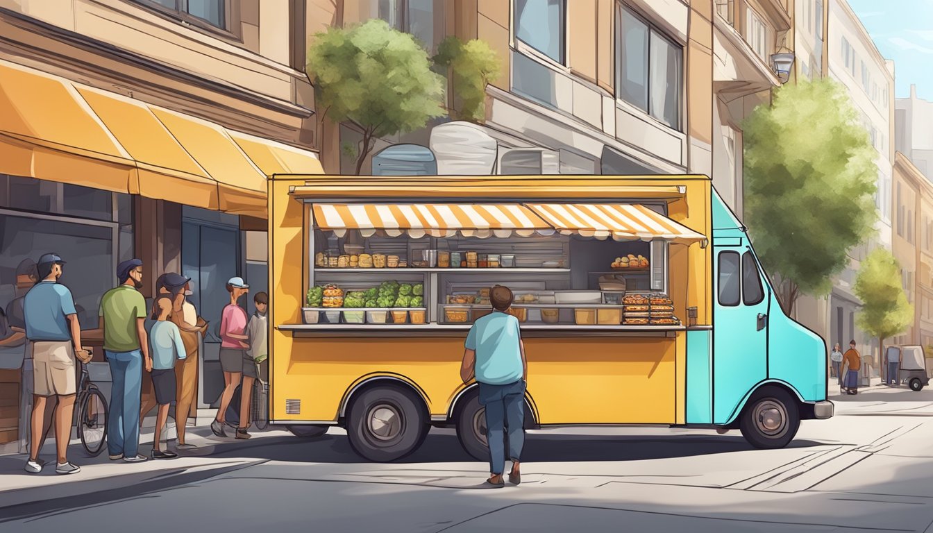 A food truck parked on a city street, surrounded by customers and complying with local regulations and standards