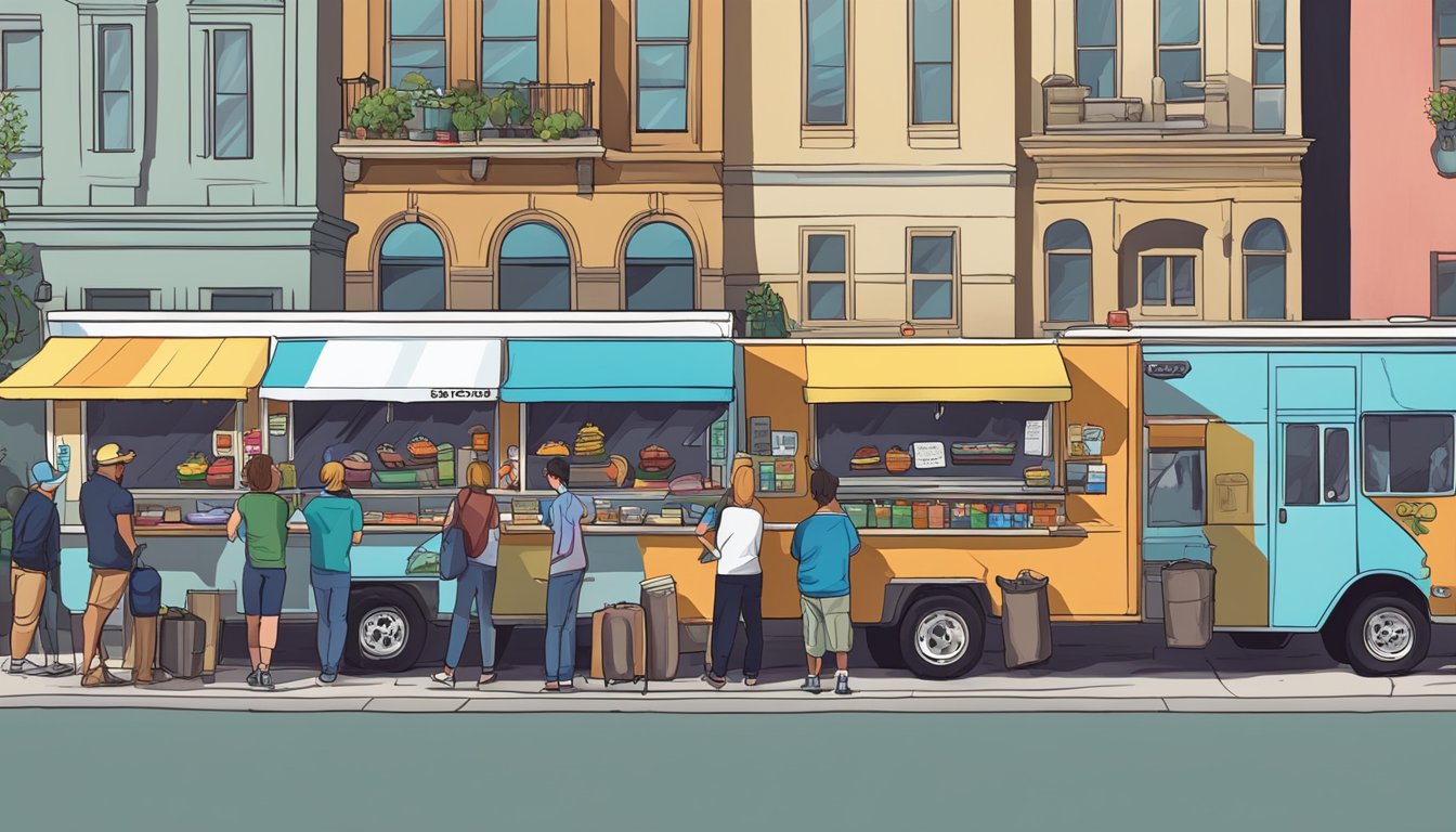 A row of colorful food trucks parked on a downtown street, with customers lined up and vendors serving food under the Boise city laws signage