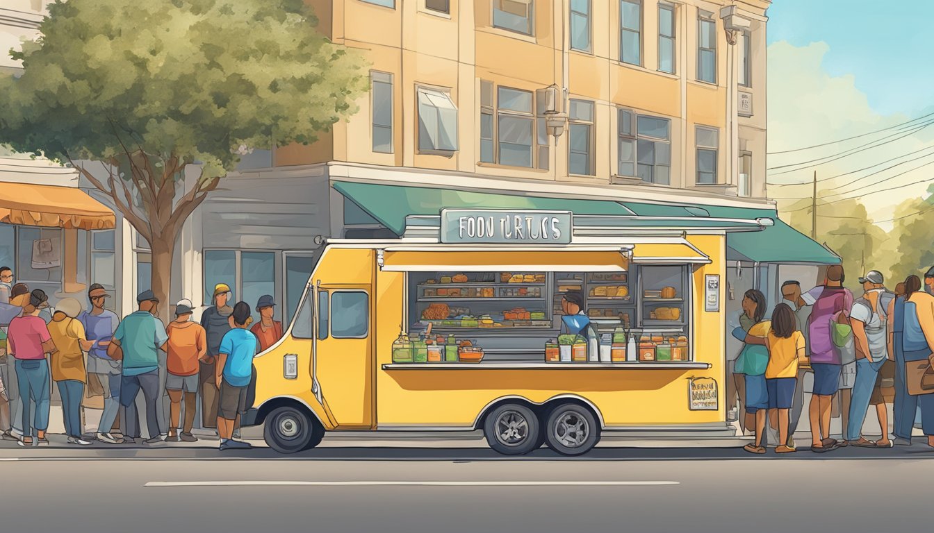 A food truck parked on a busy street in Modesto, California, with customers lined up to order and a sign displaying local food truck laws