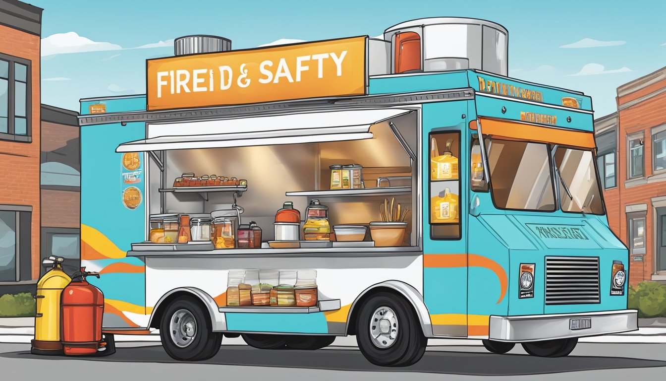 A food truck parked in Fort Wayne, Indiana, with fire safety equipment and prevention signs displayed