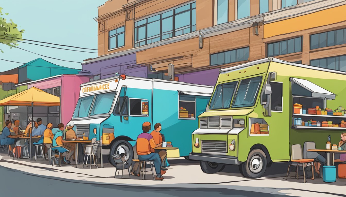 A bustling food truck park in Fort Wayne, Indiana, with colorful trucks, outdoor seating, and a sign displaying local ordinances