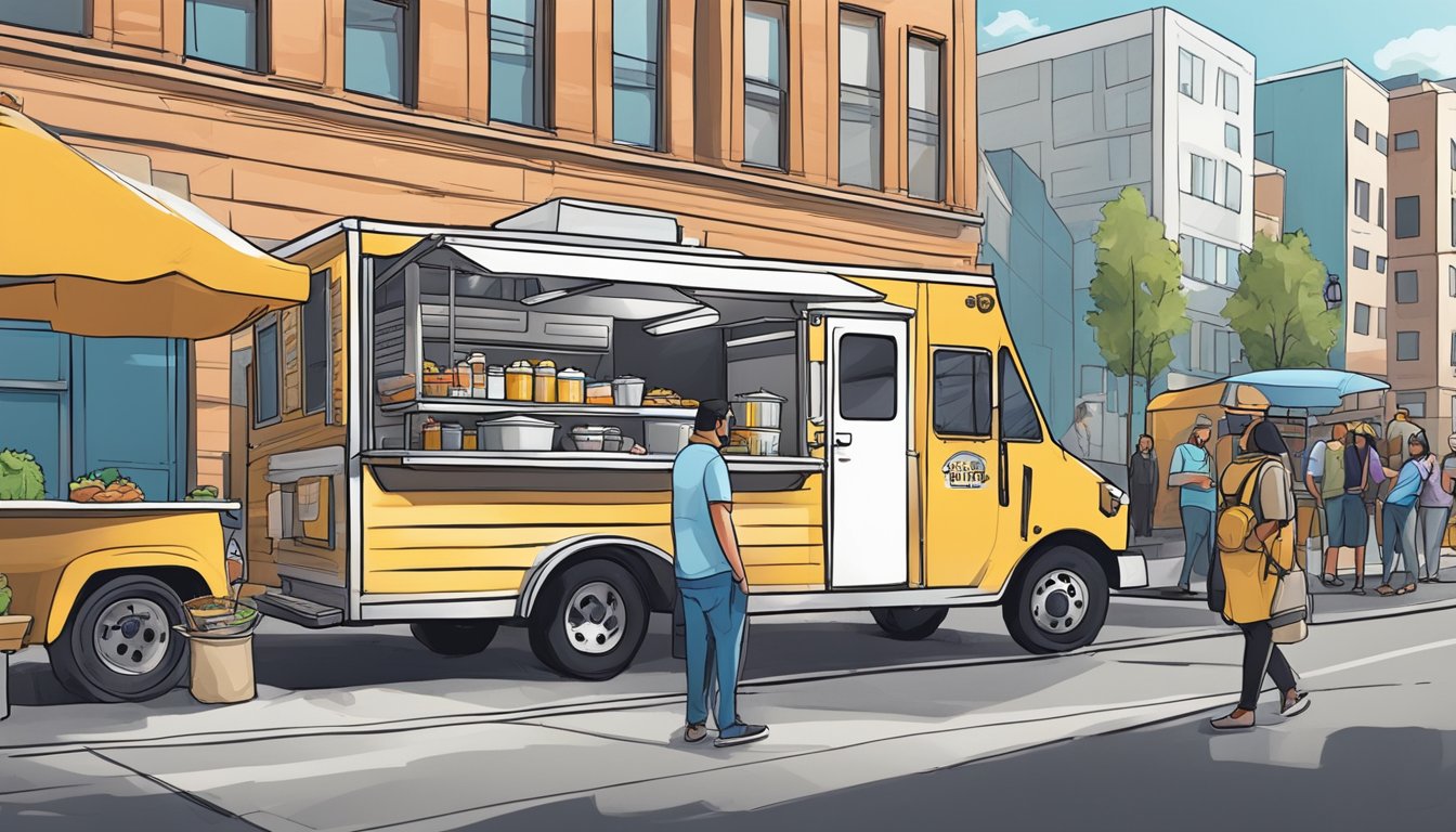 A food truck parked on a city street, surrounded by city inspectors checking for compliance with Boise, Idaho food truck laws