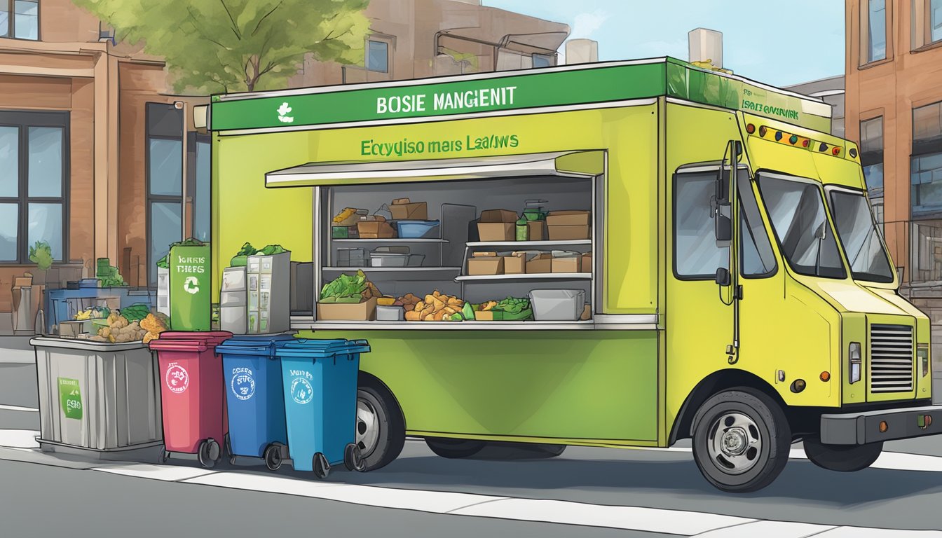 A food truck surrounded by recycling bins and a clean, litter-free environment, with a sign displaying compliance with Boise, Idaho's waste management and environmental laws