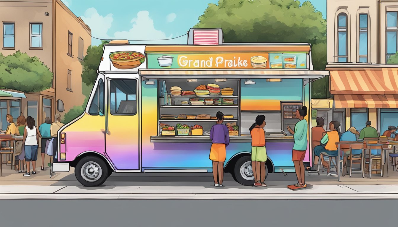 A food truck parked on a bustling street in Grand Prairie, Texas, with a colorful menu displayed and customers lined up to order