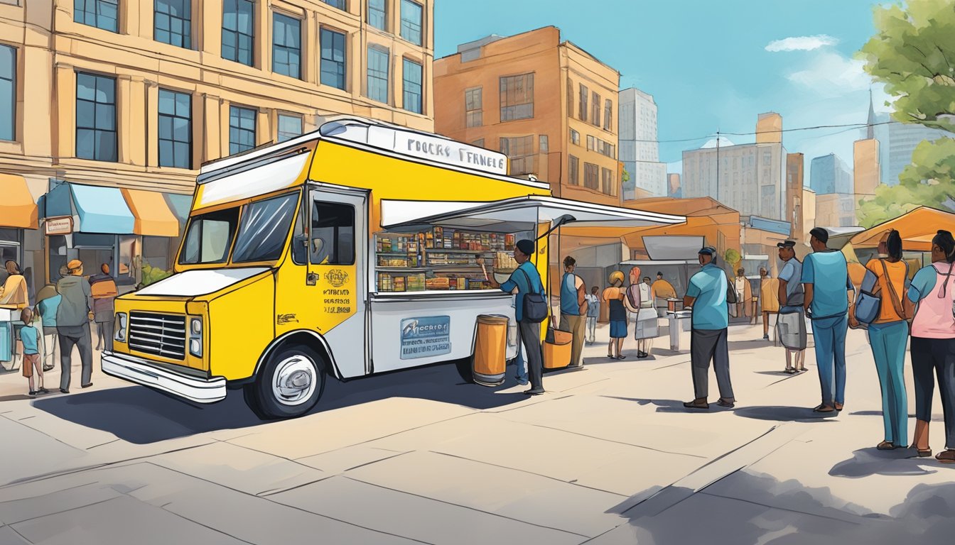 A food truck parked in a bustling city square, surrounded by city officials inspecting permits and licenses. Signs displaying regulations for food trucks in Grand Prairie, Texas are prominently posted nearby