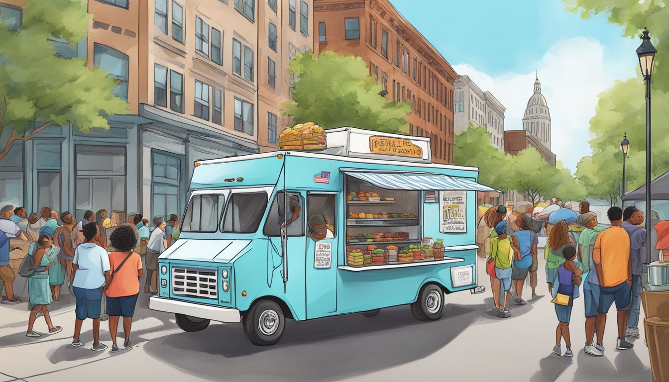 A food truck parked on a bustling street in St. Louis, Missouri, with customers lined up, and a city official inspecting permits