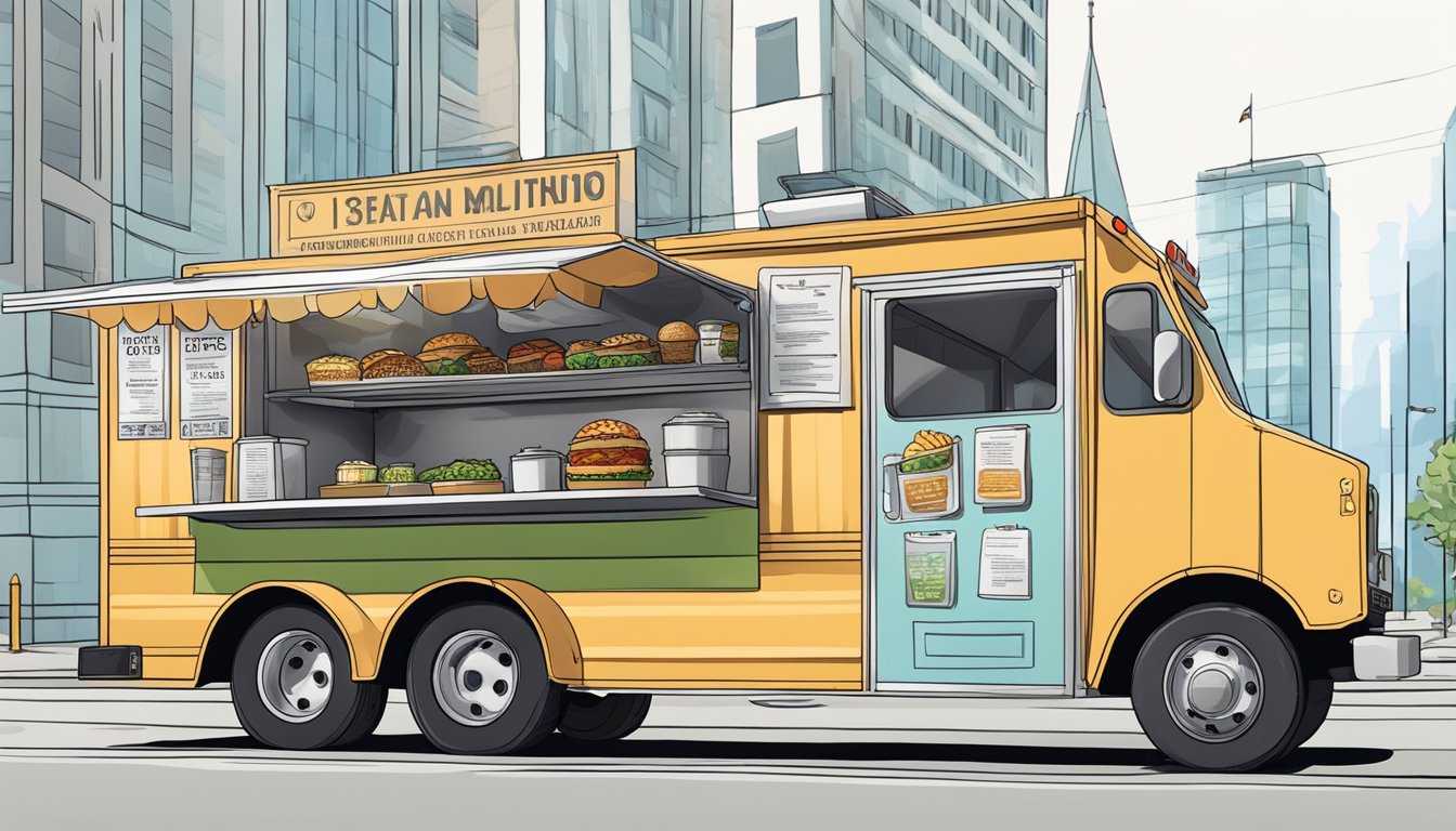 A food truck parked near city hall with permits and health regulations displayed prominently