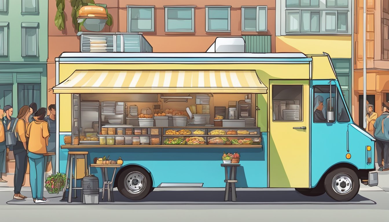 A food truck parked on a city street, surrounded by customers and adhering to operational guidelines signage