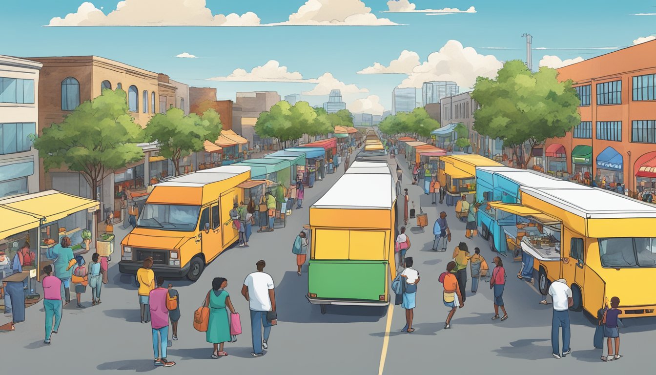 A bustling street in Garland, Texas, with colorful food trucks lined up, vendors serving customers, and city officials inspecting permits