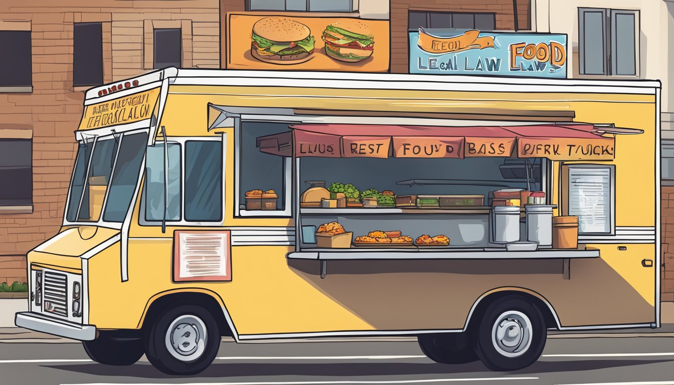 A food truck parked in St. Louis, Missouri, with a sign displaying legal considerations and penalties related to food truck laws