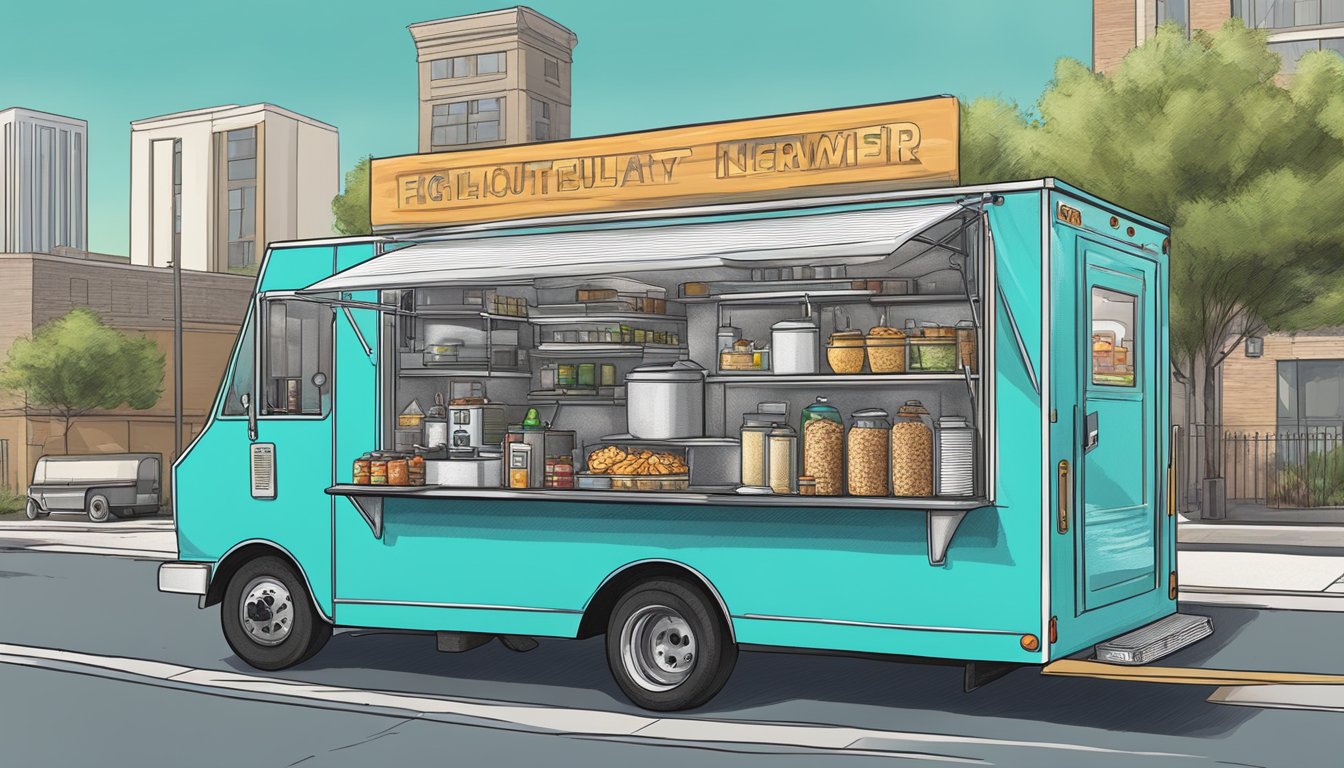 A food truck parked on a city street, surrounded by signage displaying various regulatory requirements and permits for operating in Garland, Texas