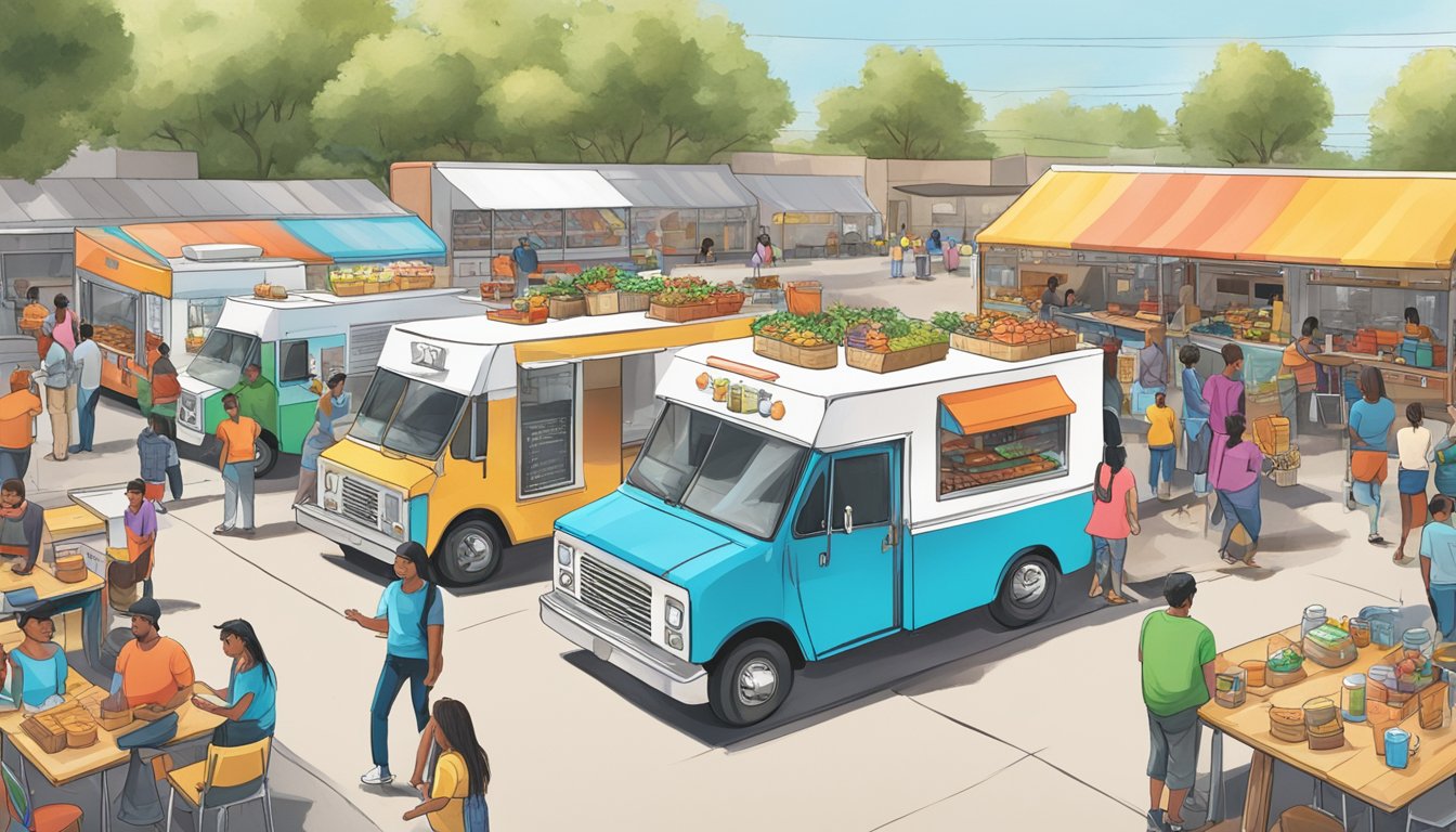 A bustling food truck park in Garland, Texas, with colorful trucks lined up, customers waiting in line, and vendors following strict operational guidelines