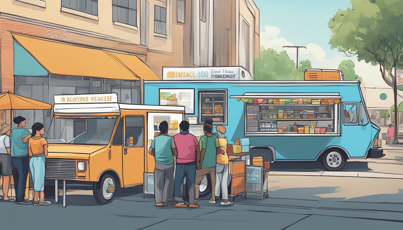 A food truck parked on a busy street in Garland, Texas, with a line of customers waiting to order. Nearby, a sign displays insurance and risk management information