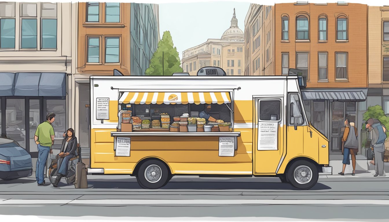 A food truck parked on a city street, surrounded by signs displaying Washington State food truck regulations. A city official inspects the truck while the owner looks on nervously