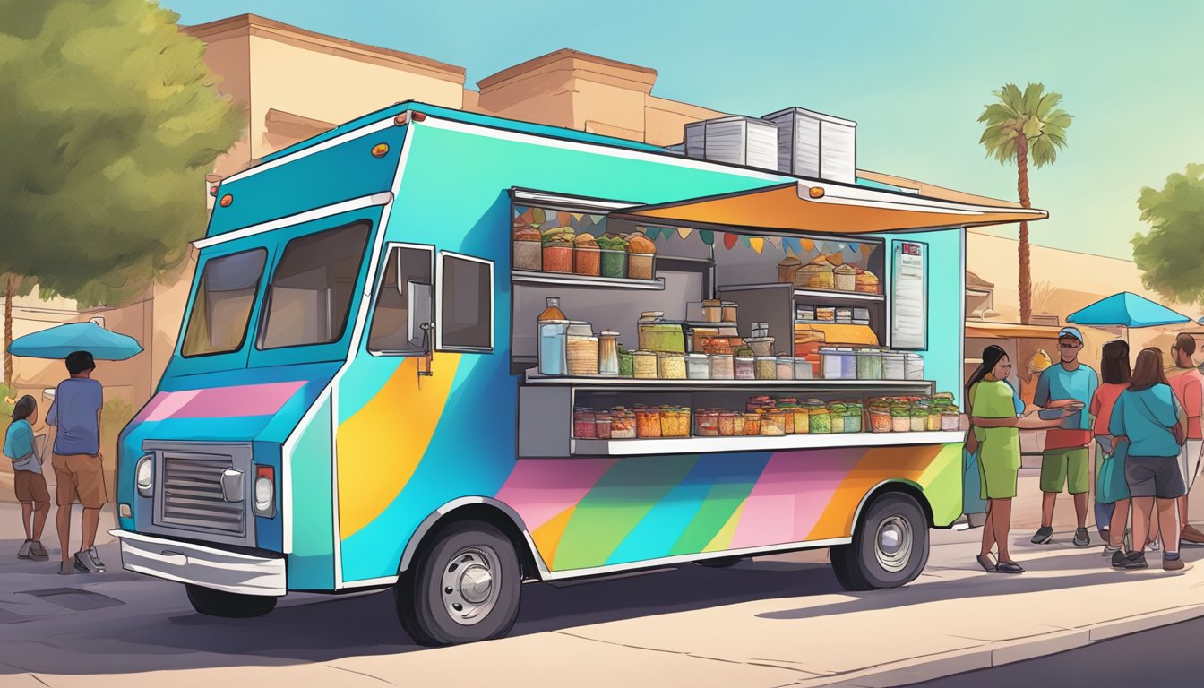 A colorful food truck parked on a bustling street in Gilbert, Arizona, with a line of customers waiting to order