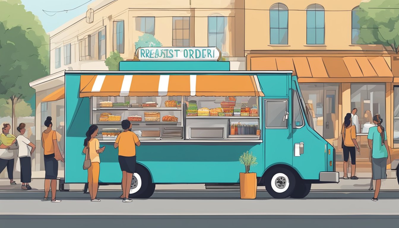 A food truck parked on a busy street in Garland, Texas, with a line of customers waiting to order. The truck displays a menu and prices